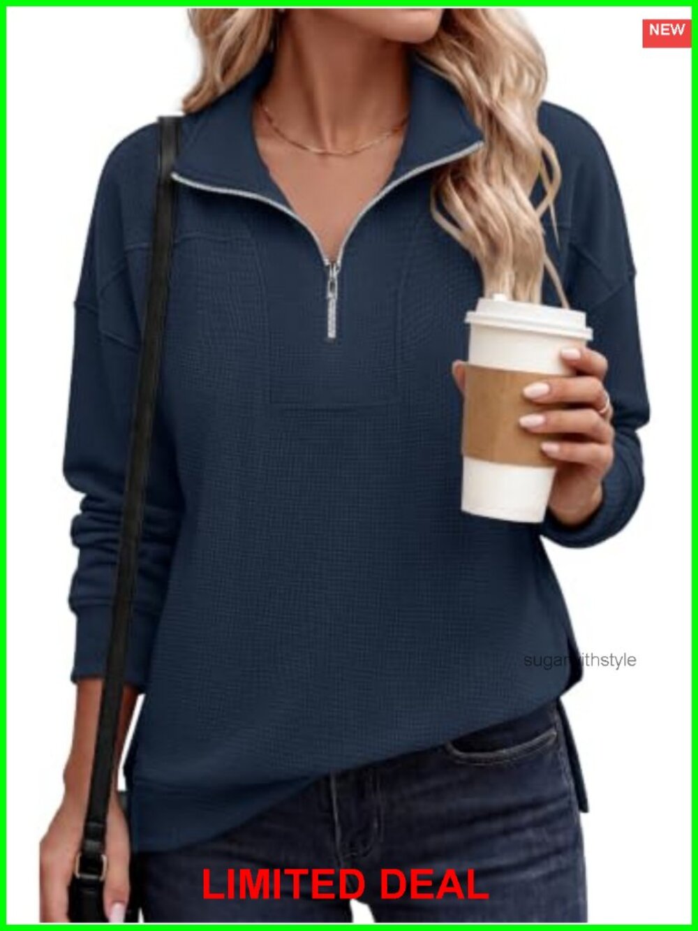 Waffle Knit Quarter Zip Sweatshirt Womens Loose Fit Long Sleeve